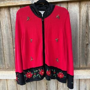 Vintage TIARA Intl full zip Cardigan SWEATER poinsettia holly sequin Large